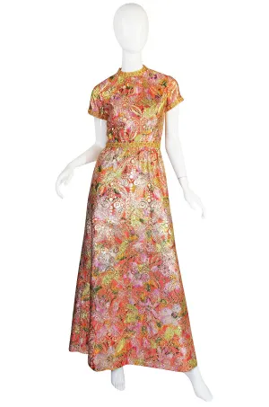 1960s Metallic Coral and Gold Maxi Dress