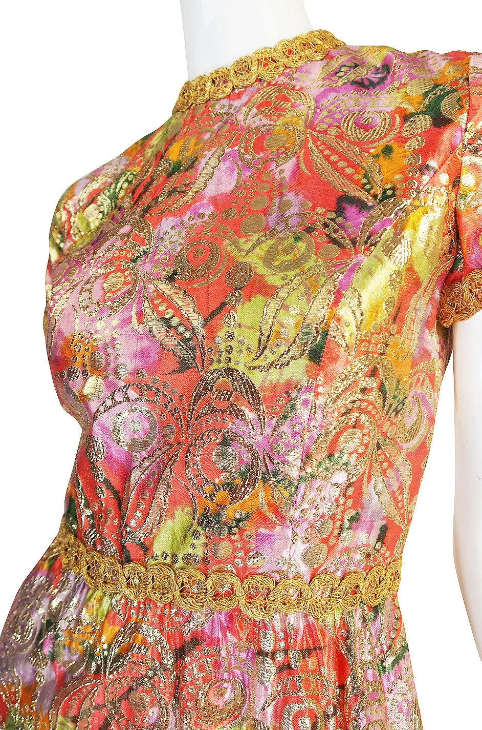 1960s Metallic Coral and Gold Maxi Dress
