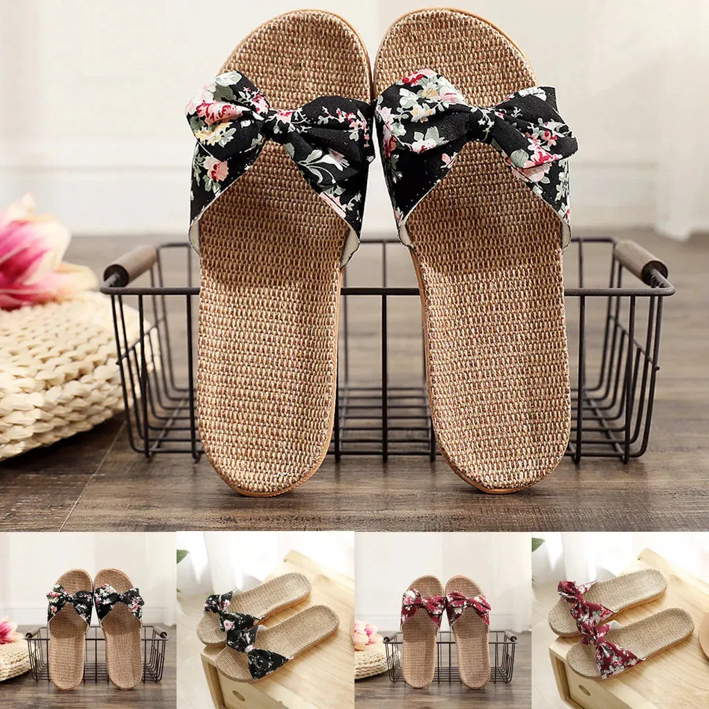 2024 New Casual Sneakers For Home Slippers Summer Fashion Bow-Knot Soft Floor Woman Indoor Flats Shoes Cute Linen Slipper