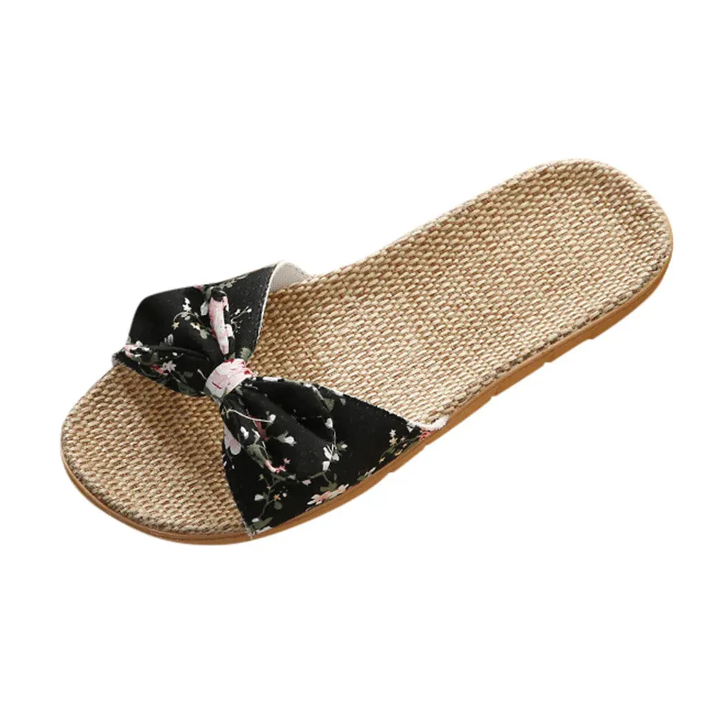 2024 New Casual Sneakers For Home Slippers Summer Fashion Bow-Knot Soft Floor Woman Indoor Flats Shoes Cute Linen Slipper