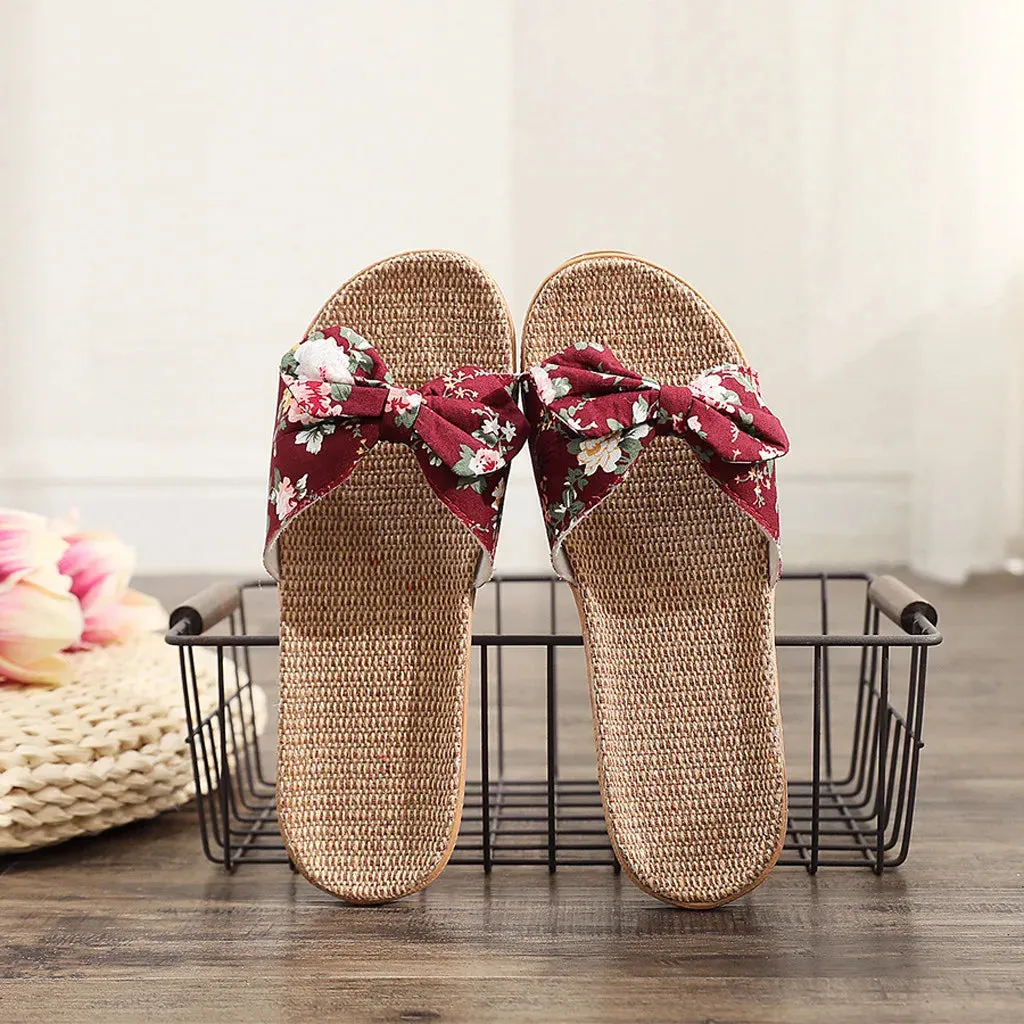 2024 New Casual Sneakers For Home Slippers Summer Fashion Bow-Knot Soft Floor Woman Indoor Flats Shoes Cute Linen Slipper