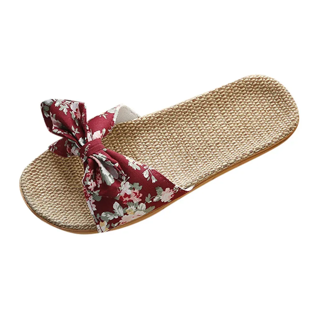 2024 New Casual Sneakers For Home Slippers Summer Fashion Bow-Knot Soft Floor Woman Indoor Flats Shoes Cute Linen Slipper