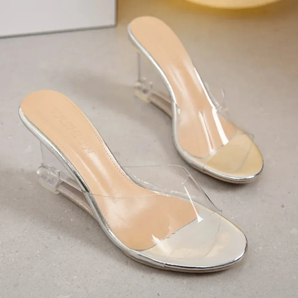2025Shoes for Women Summer New Fashion Slip-on  High Heels Crystal Wedge  Female Peep Toe Casual   Slippers