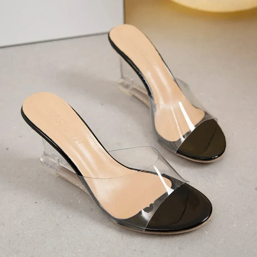 2025Shoes for Women Summer New Fashion Slip-on  High Heels Crystal Wedge  Female Peep Toe Casual   Slippers