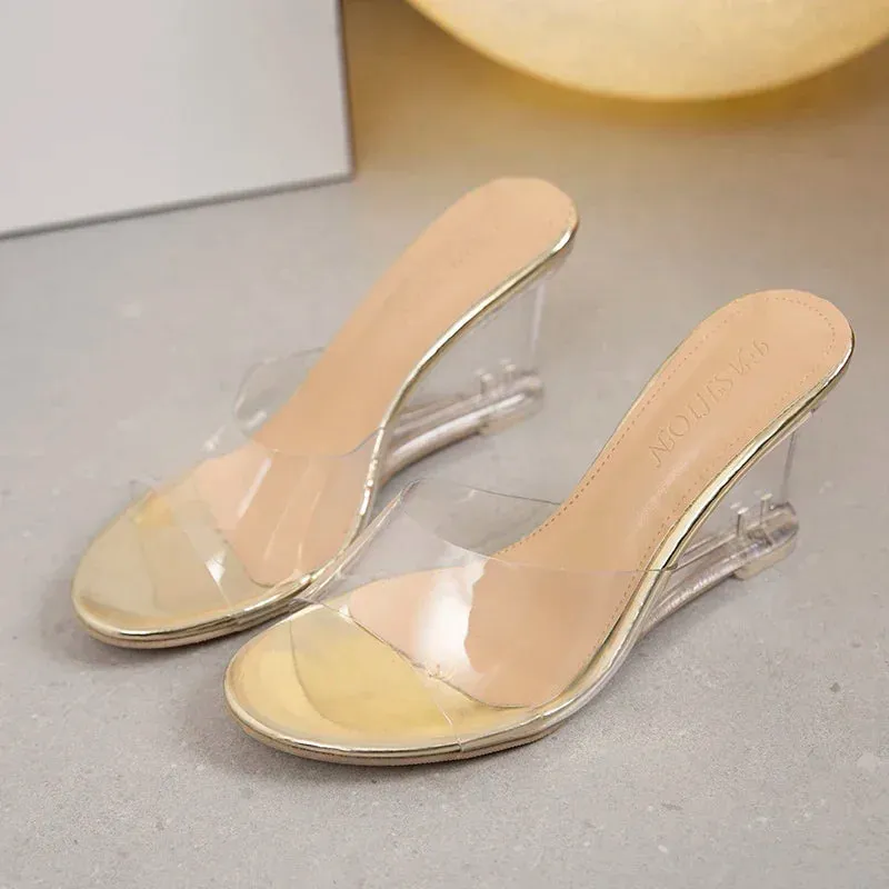 2025Shoes for Women Summer New Fashion Slip-on  High Heels Crystal Wedge  Female Peep Toe Casual   Slippers