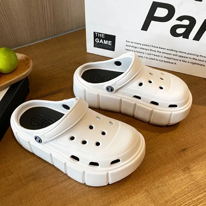 7cm Increase Thick Bottom Slippers For Women Summer Garden Mules Clogs White Chunky Platform Shoes With Holes Girls Beach Slides