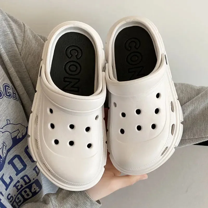 7cm Increase Thick Bottom Slippers For Women Summer Garden Mules Clogs White Chunky Platform Shoes With Holes Girls Beach Slides