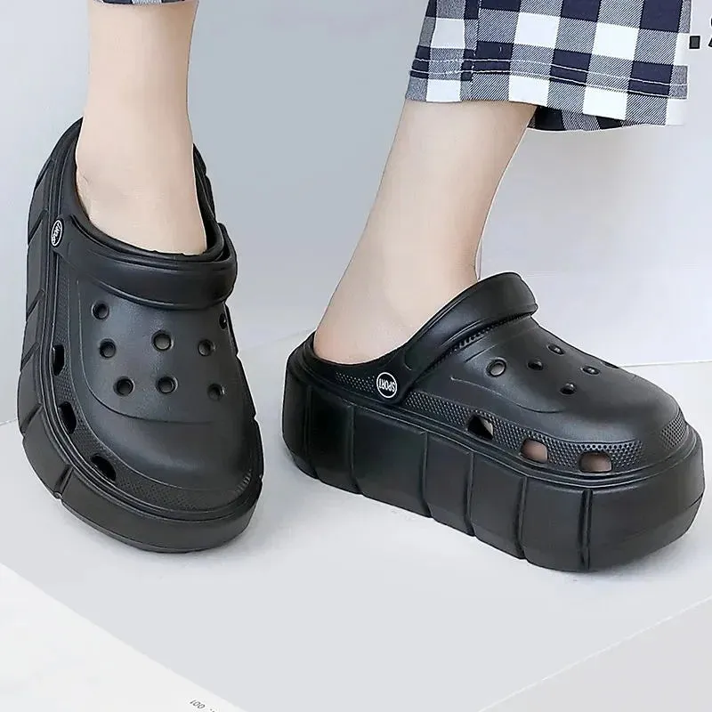 7cm Increase Thick Bottom Slippers For Women Summer Garden Mules Clogs White Chunky Platform Shoes With Holes Girls Beach Slides