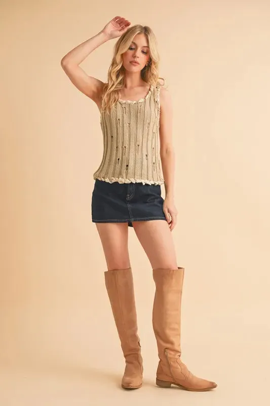 Aemi Co Distressed Detail Round Neck Knit Tank