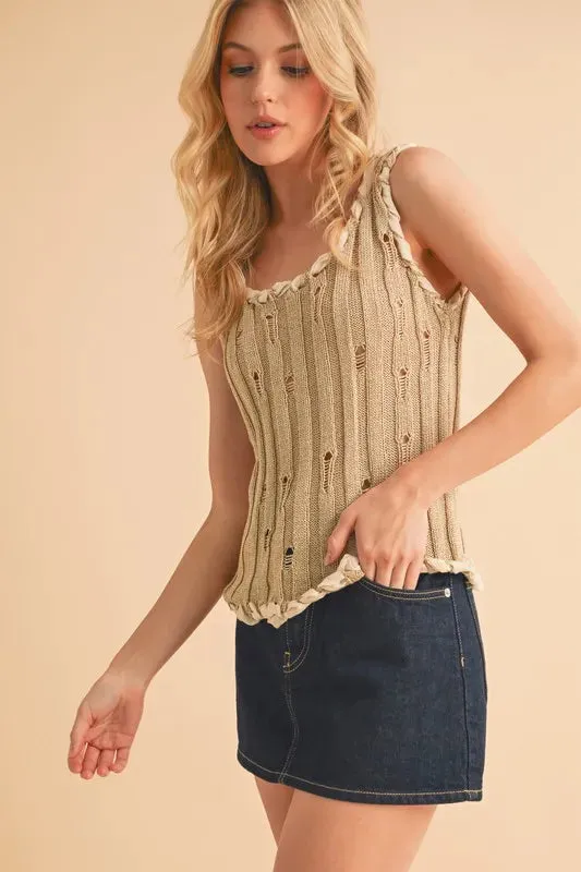 Aemi Co Distressed Detail Round Neck Knit Tank
