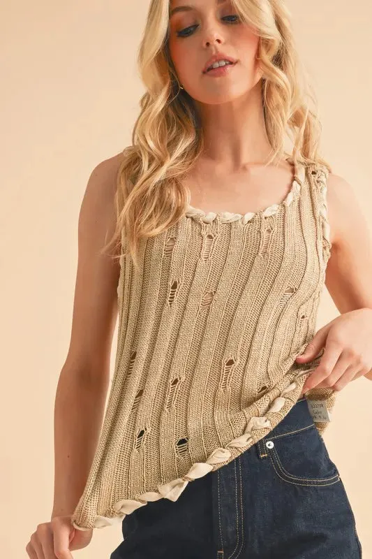 Aemi Co Distressed Detail Round Neck Knit Tank