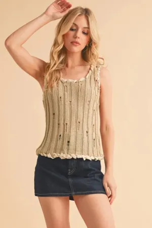 Aemi Co Distressed Detail Round Neck Knit Tank