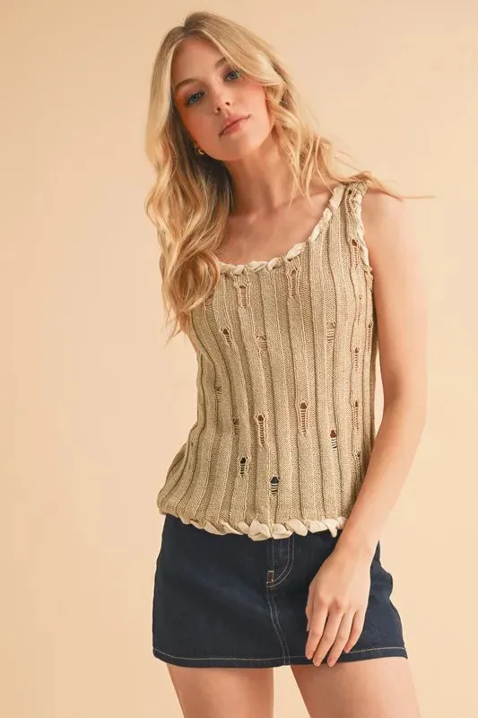 Aemi Co Distressed Detail Round Neck Knit Tank