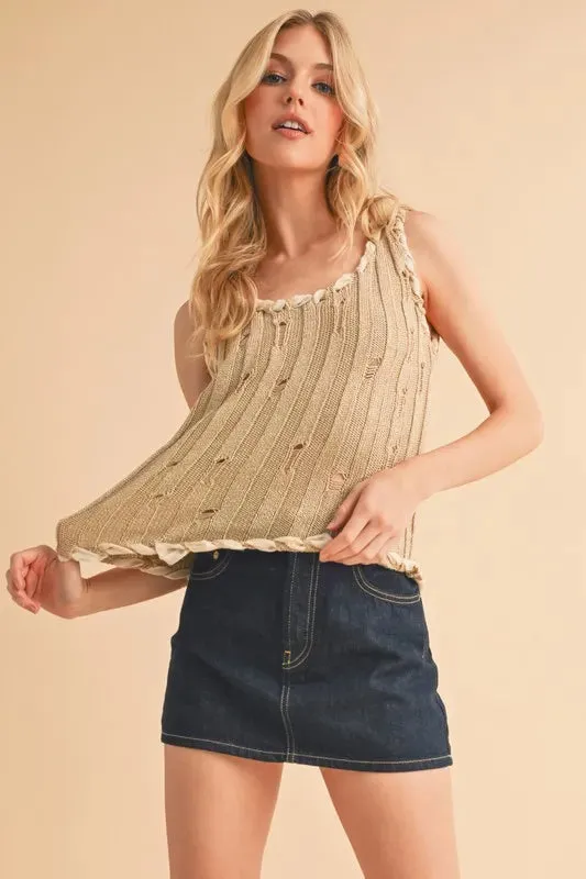 Aemi Co Distressed Detail Round Neck Knit Tank