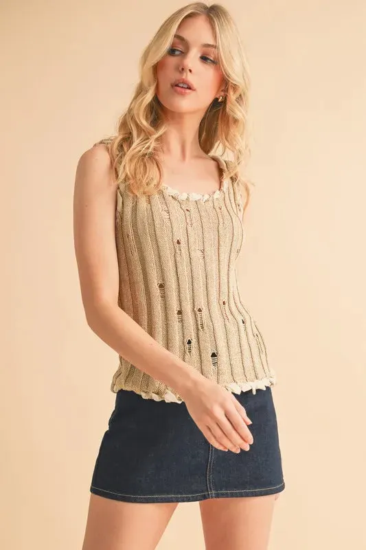 Aemi Co Distressed Detail Round Neck Knit Tank
