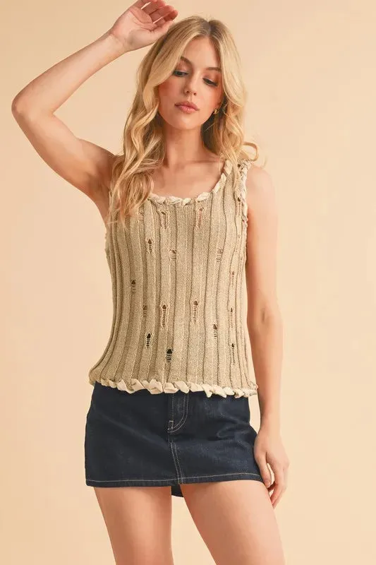 Aemi Co Distressed Detail Round Neck Knit Tank