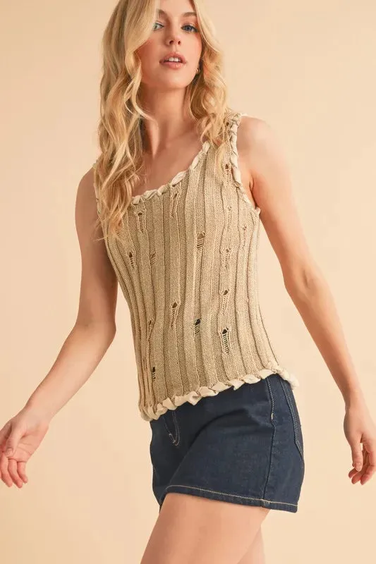 Aemi Co Distressed Detail Round Neck Knit Tank