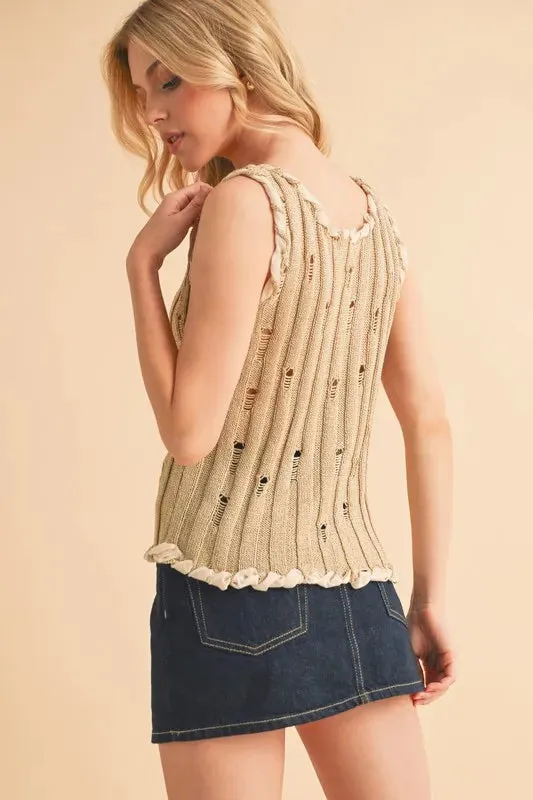 Aemi Co Distressed Detail Round Neck Knit Tank