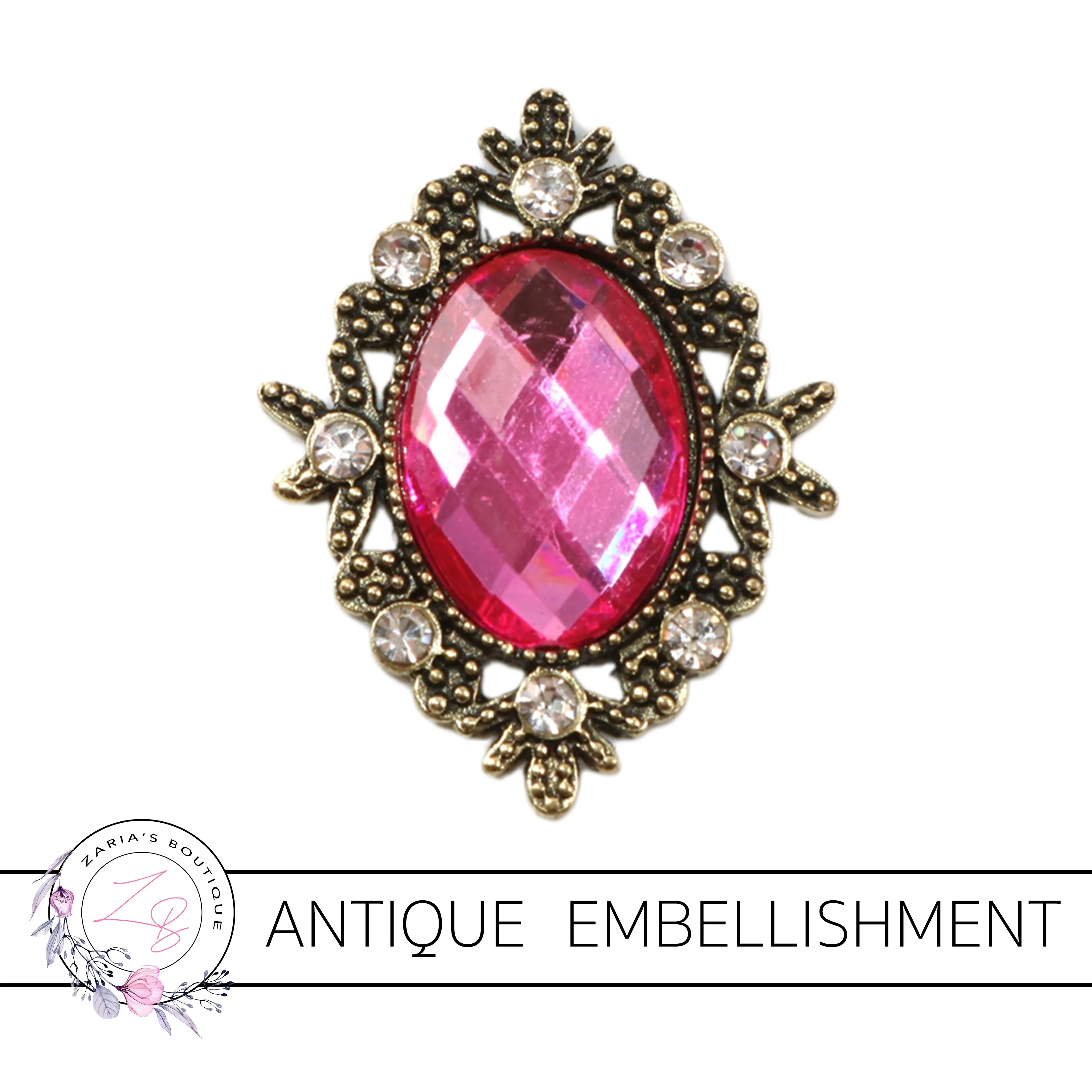 Antique Style Metal Flat Back Embellishment ~ Hot Pink ~ 1 Piece