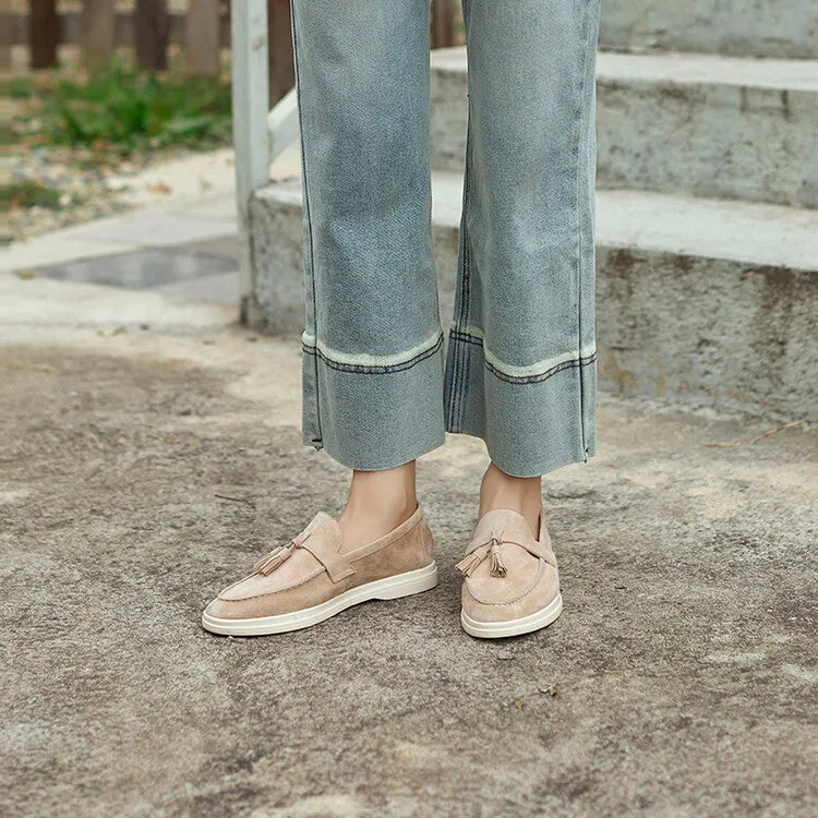Beige Brown Tassel Strap Loafers #001141
