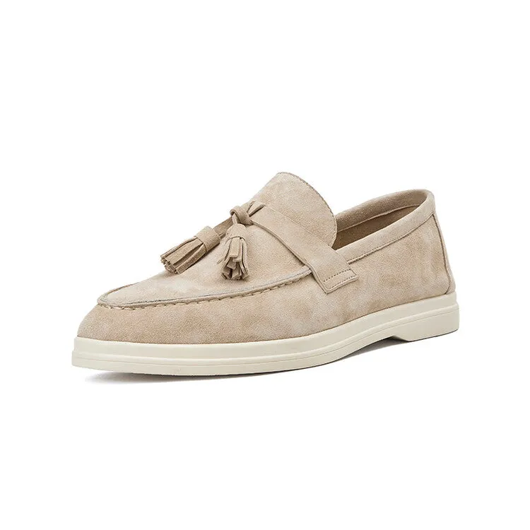 Beige Brown Tassel Strap Loafers #001141