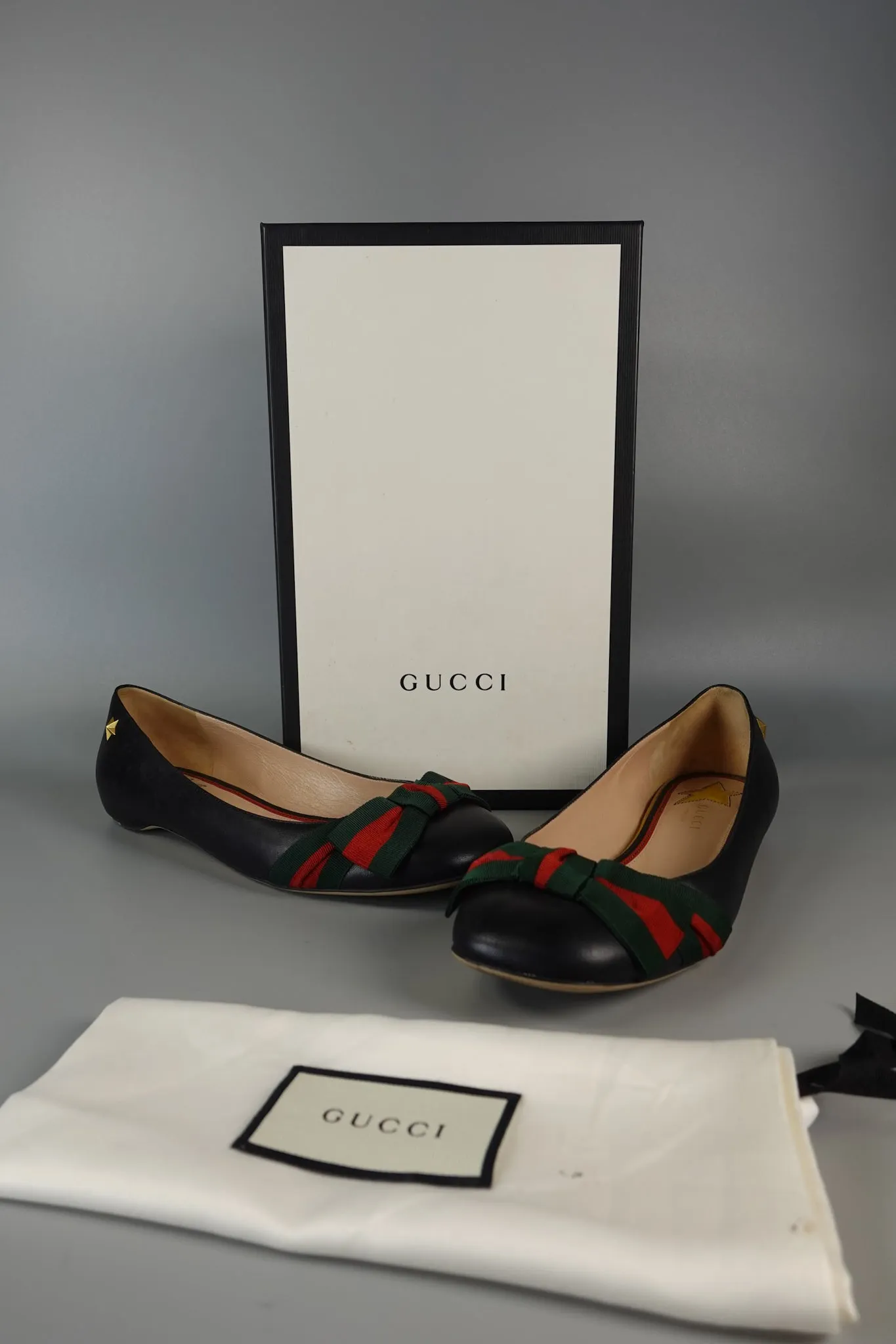 Bow Web Black Calkfskin Ballerina Flats Size 39 EU (25.5cm)