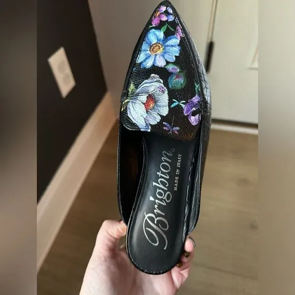 Brighton Everly Mules Croc Embossed Black Floral