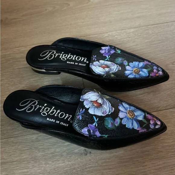 Brighton Everly Mules Croc Embossed Black Floral