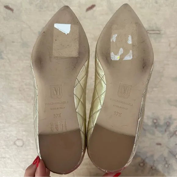 Bruno Magli Quilted Metallic Leather Bianca Ballet Flats Sz 37.5 Light Gold