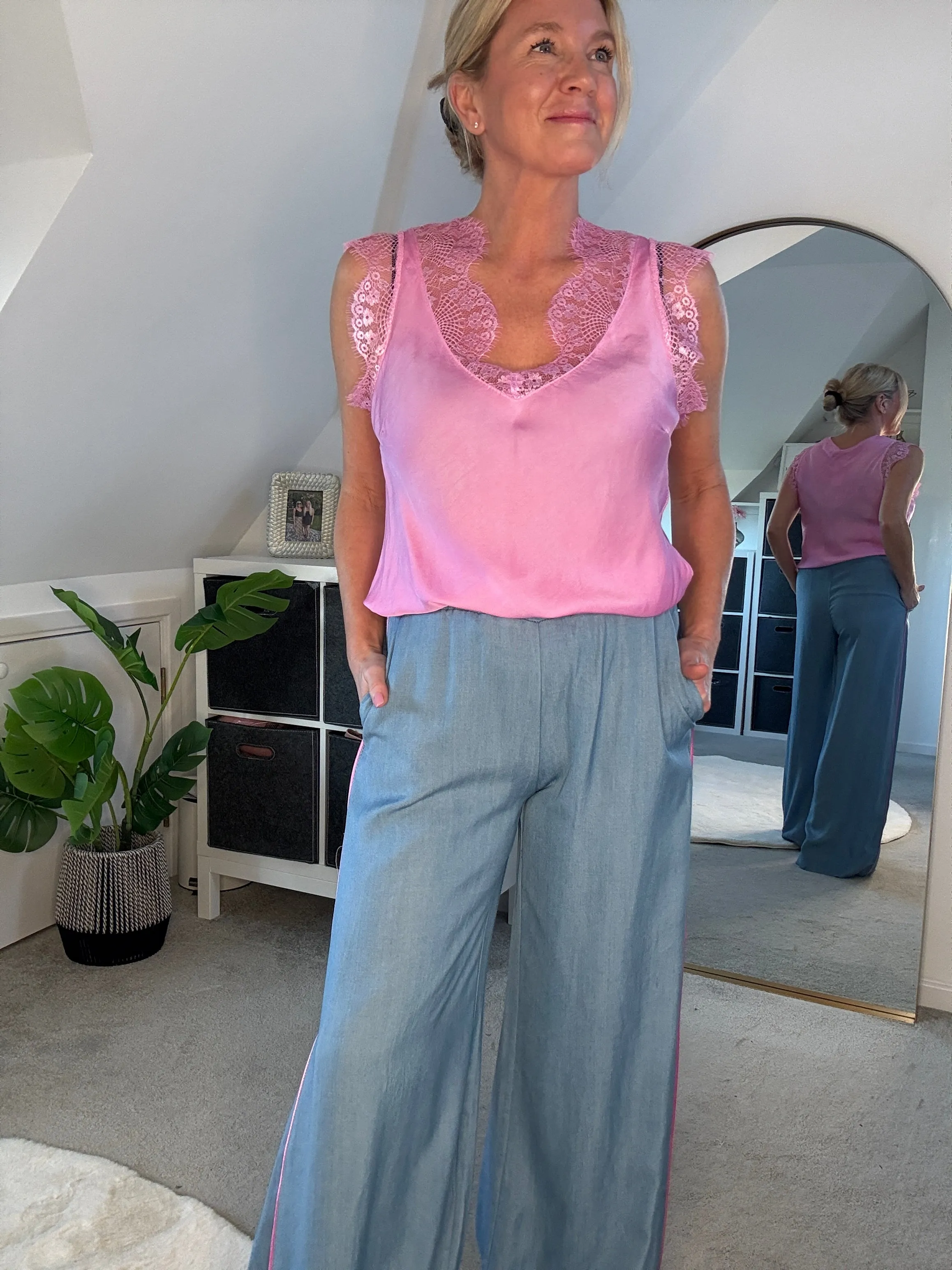 Chambray/Pink Stripe Wide Leg Trousers