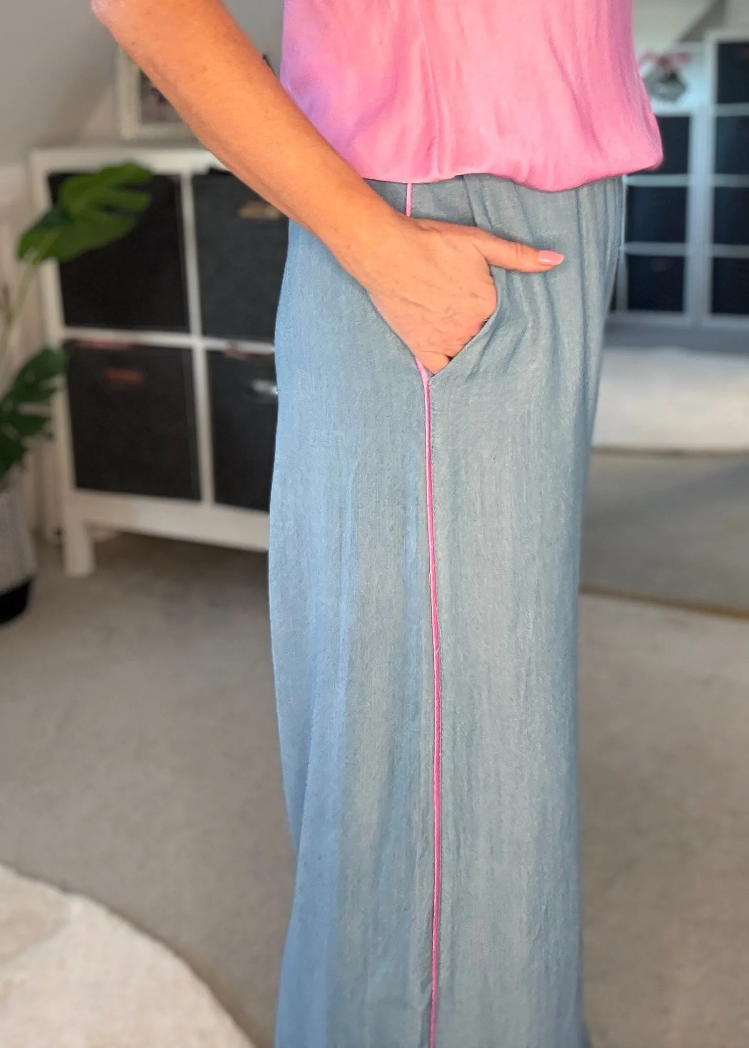 Chambray/Pink Stripe Wide Leg Trousers