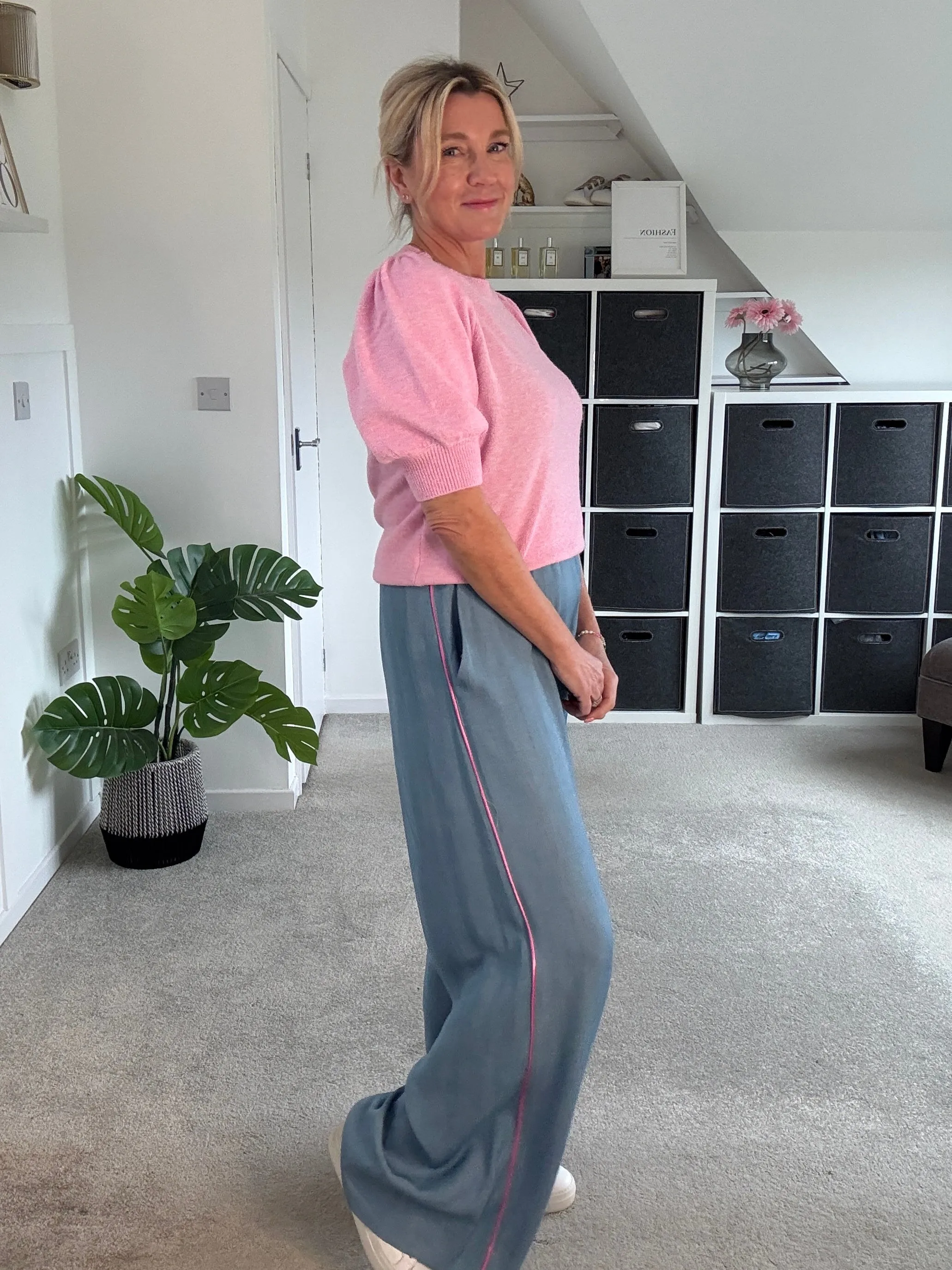 Chambray/Pink Stripe Wide Leg Trousers