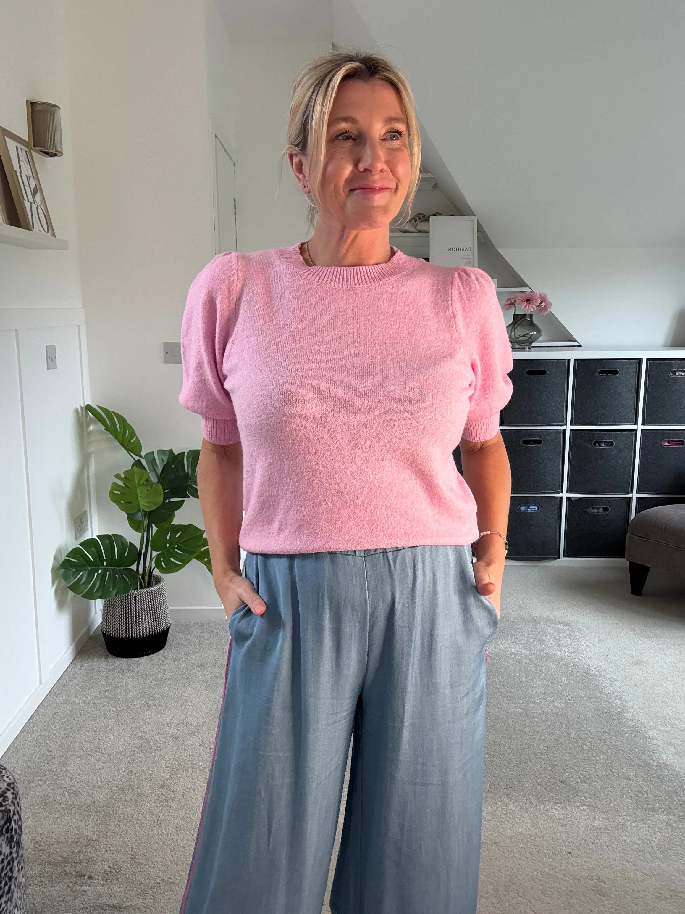 Chambray/Pink Stripe Wide Leg Trousers