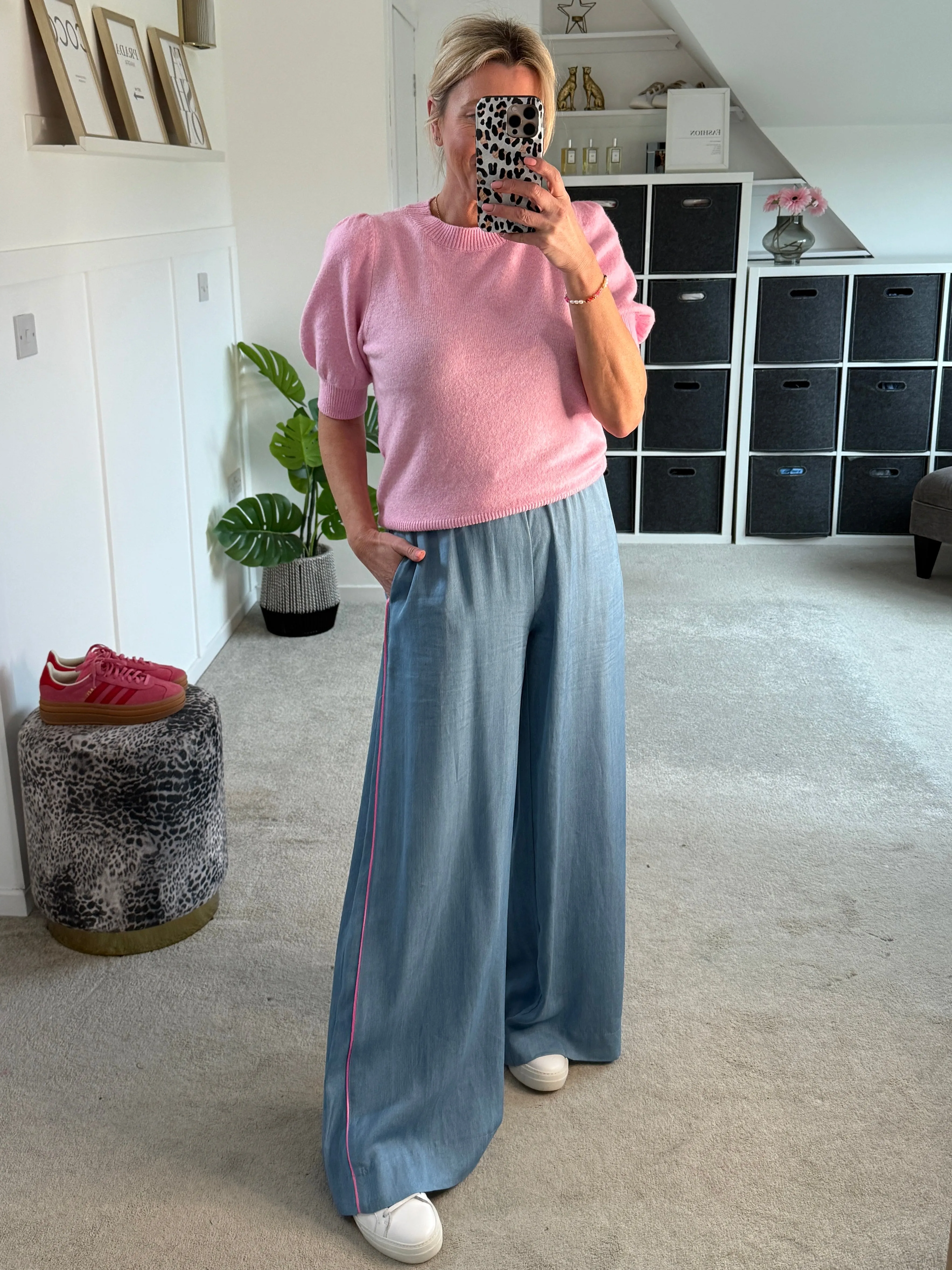 Chambray/Pink Stripe Wide Leg Trousers