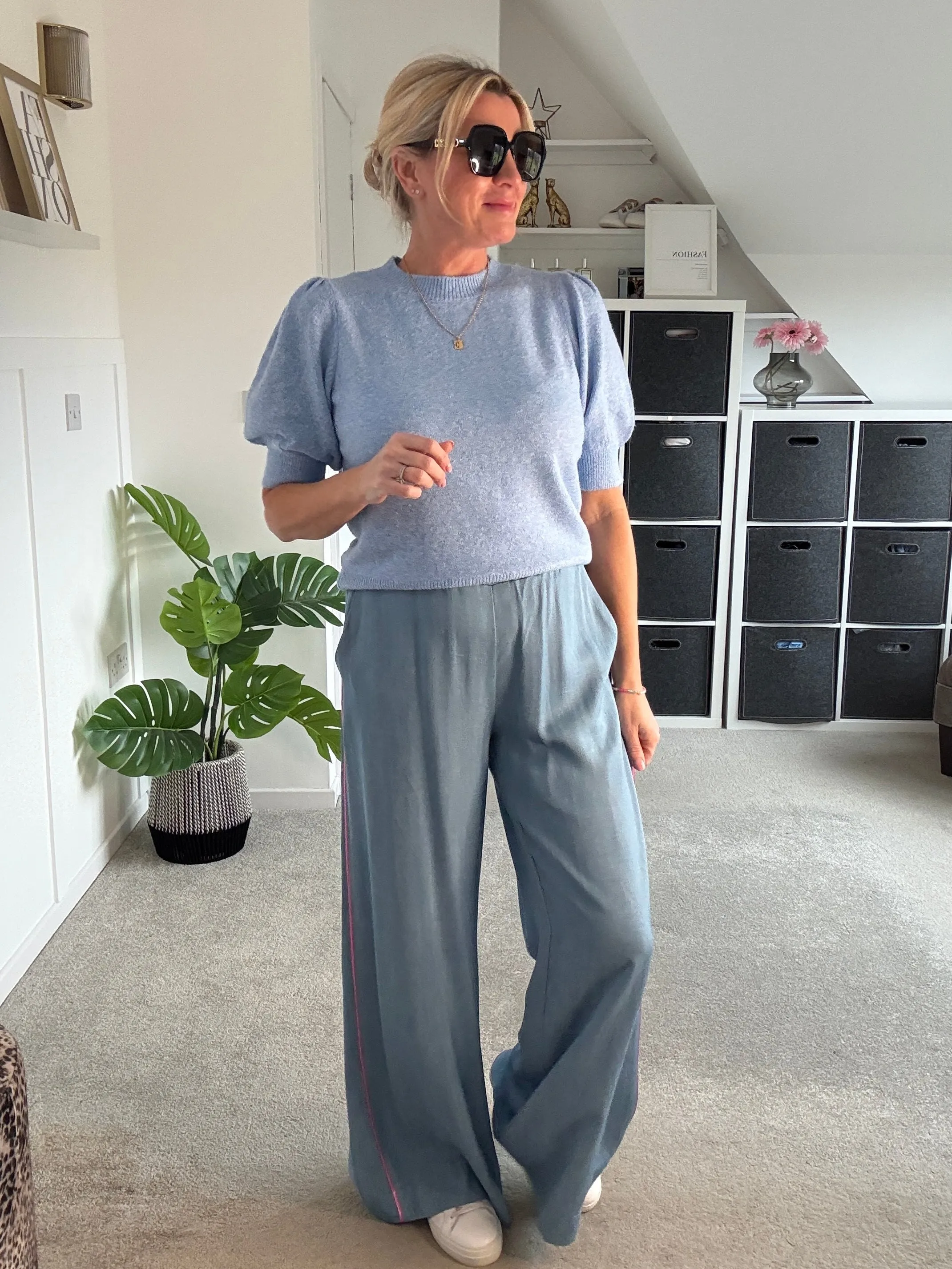 Chambray/Pink Stripe Wide Leg Trousers