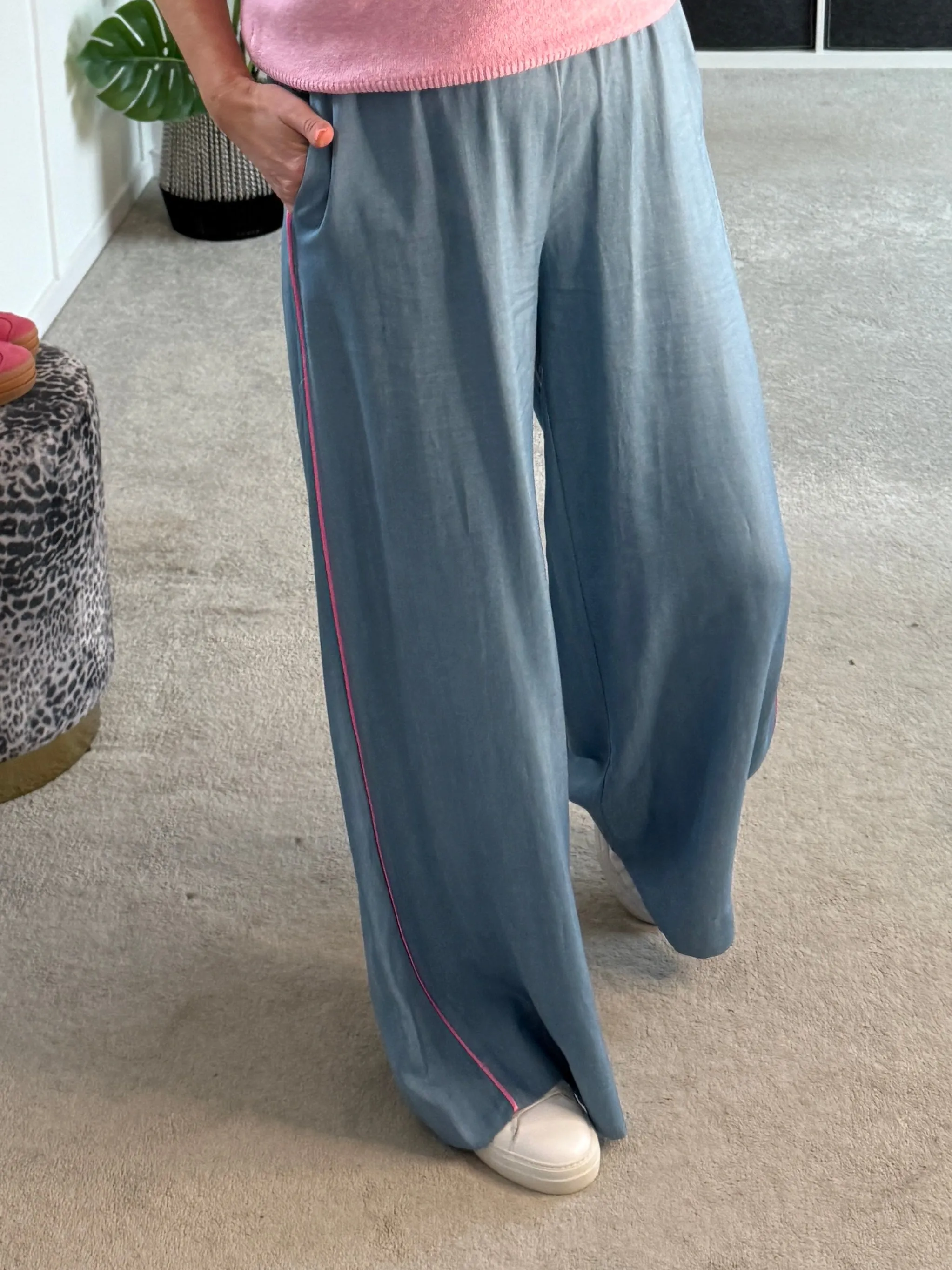 Chambray/Pink Stripe Wide Leg Trousers