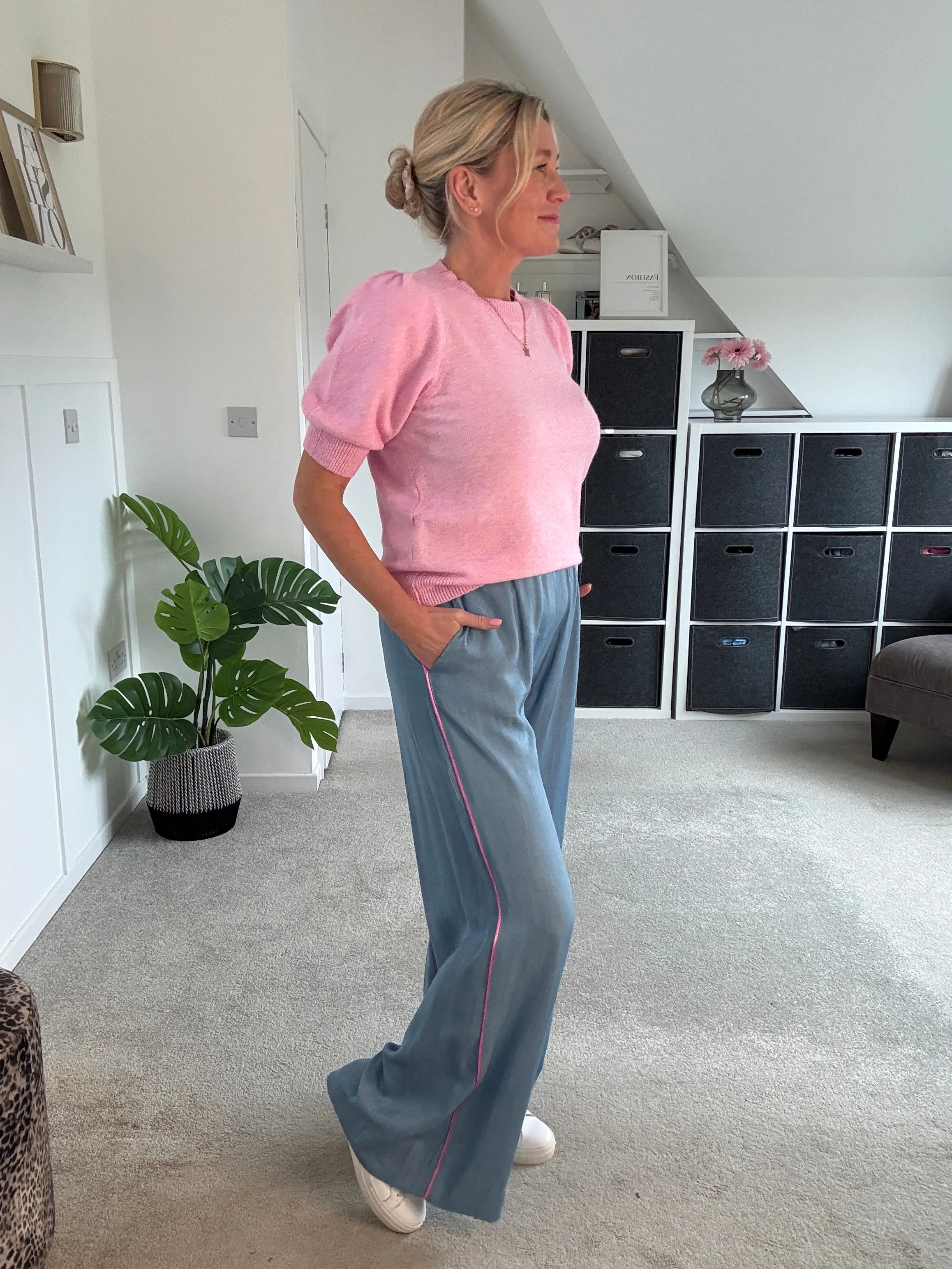Chambray/Pink Stripe Wide Leg Trousers
