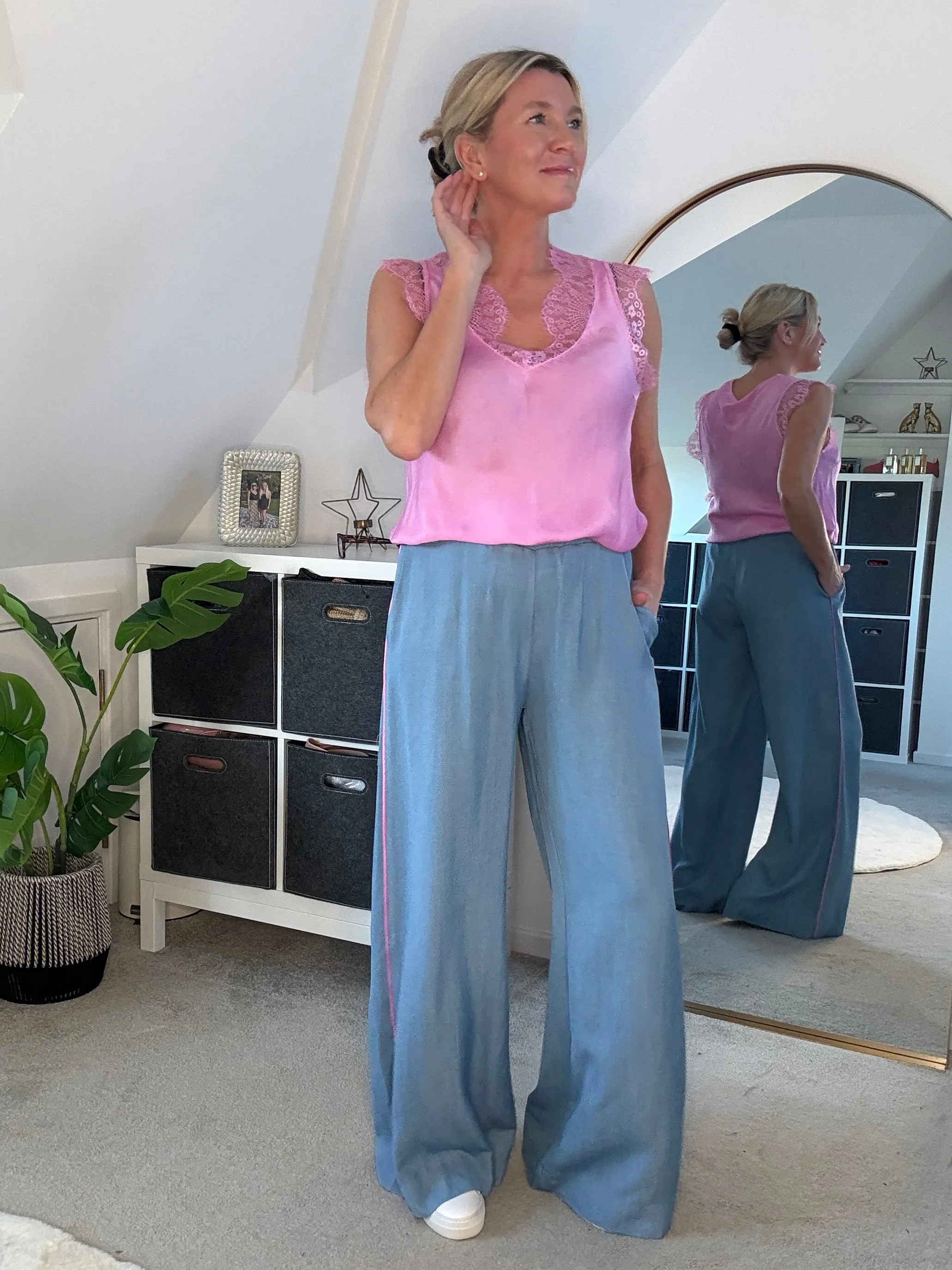 Chambray/Pink Stripe Wide Leg Trousers