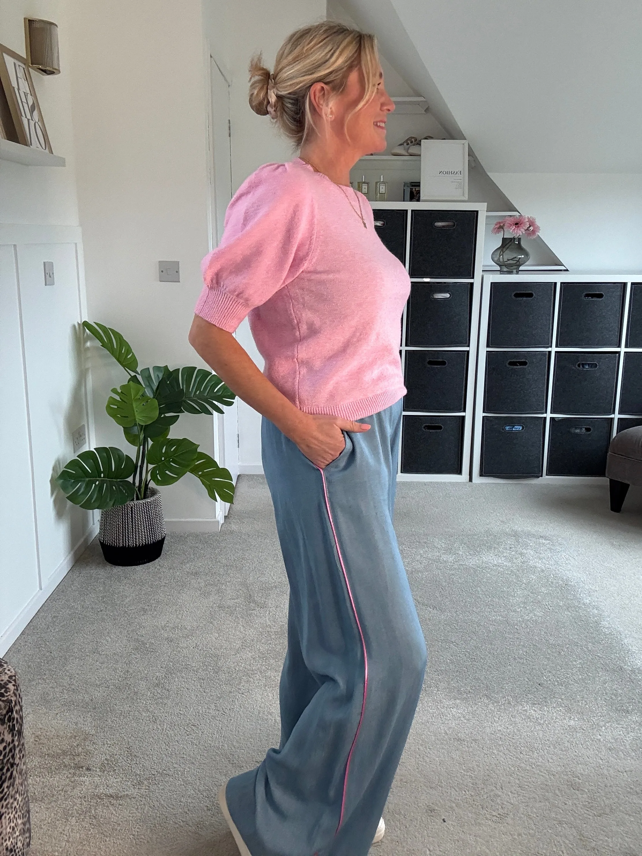 Chambray/Pink Stripe Wide Leg Trousers