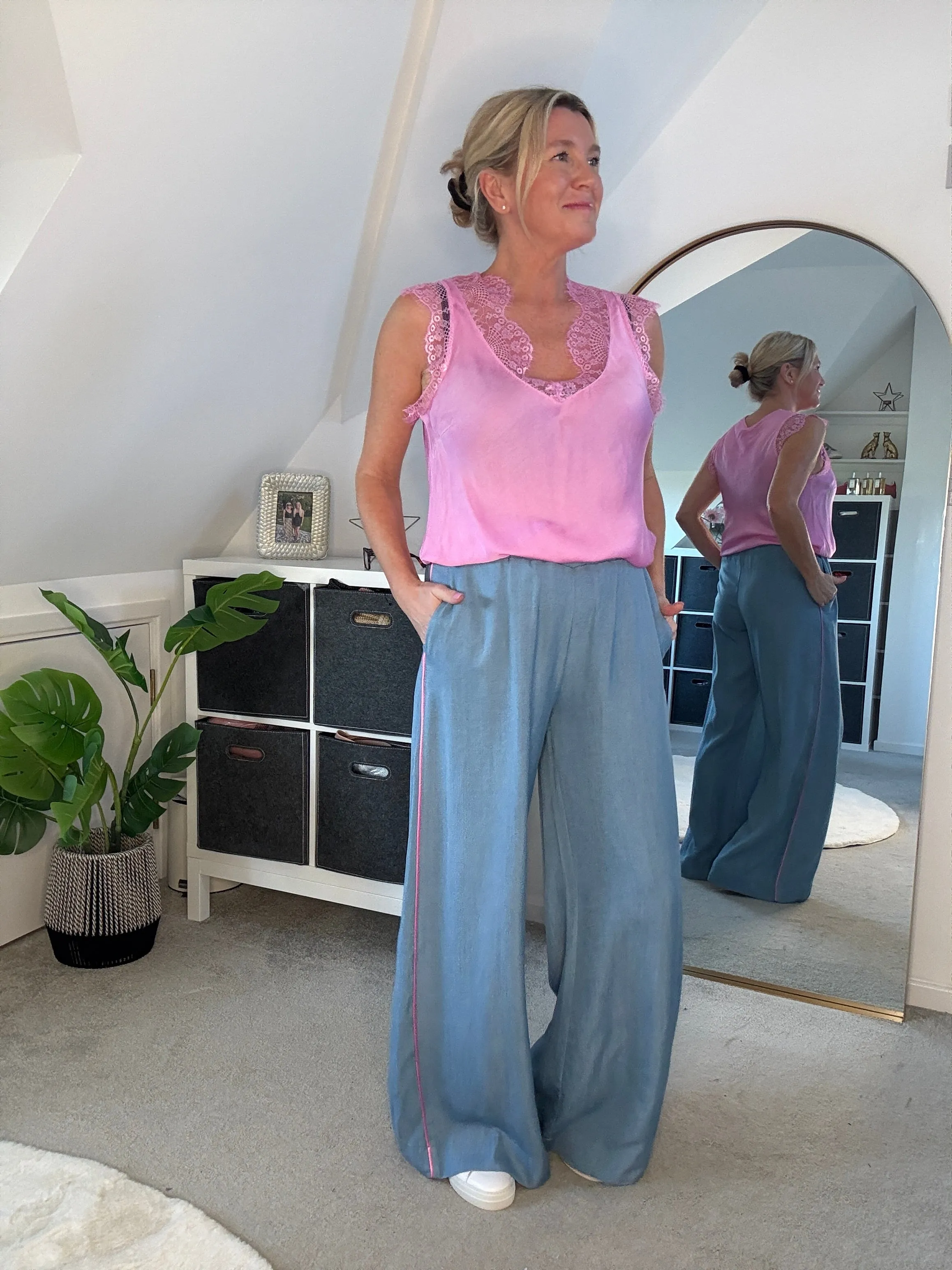 Chambray/Pink Stripe Wide Leg Trousers