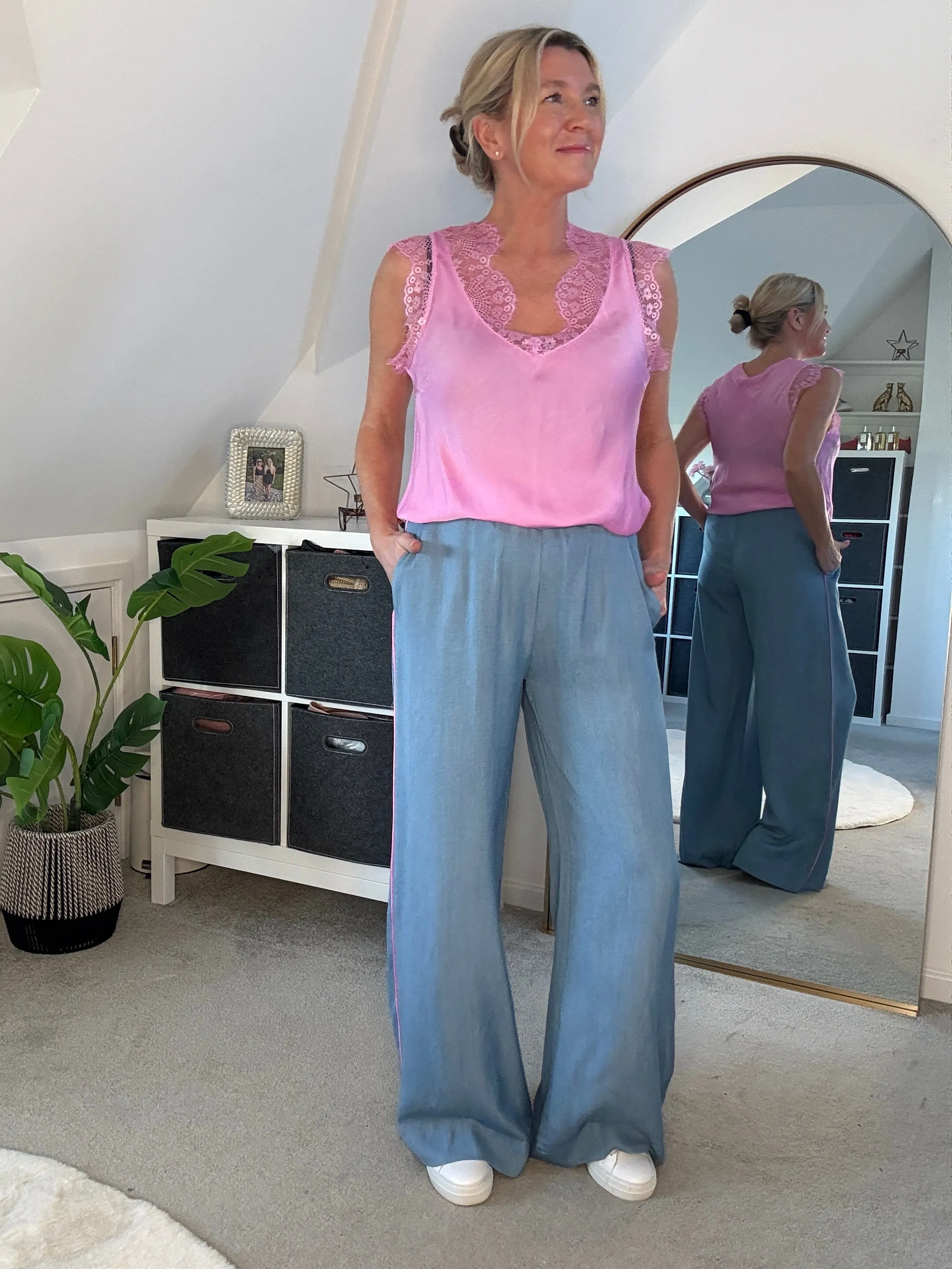 Chambray/Pink Stripe Wide Leg Trousers