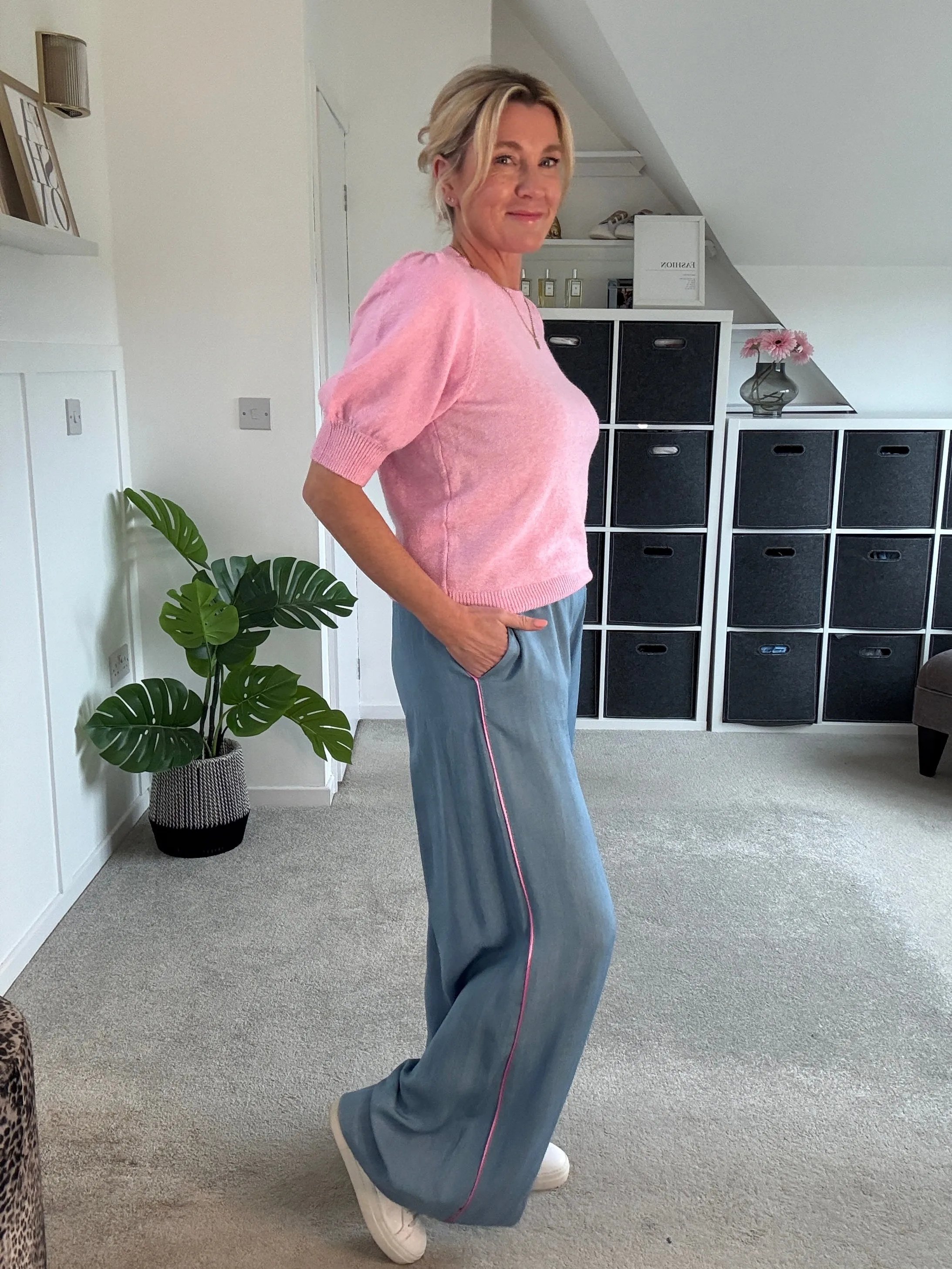 Chambray/Pink Stripe Wide Leg Trousers