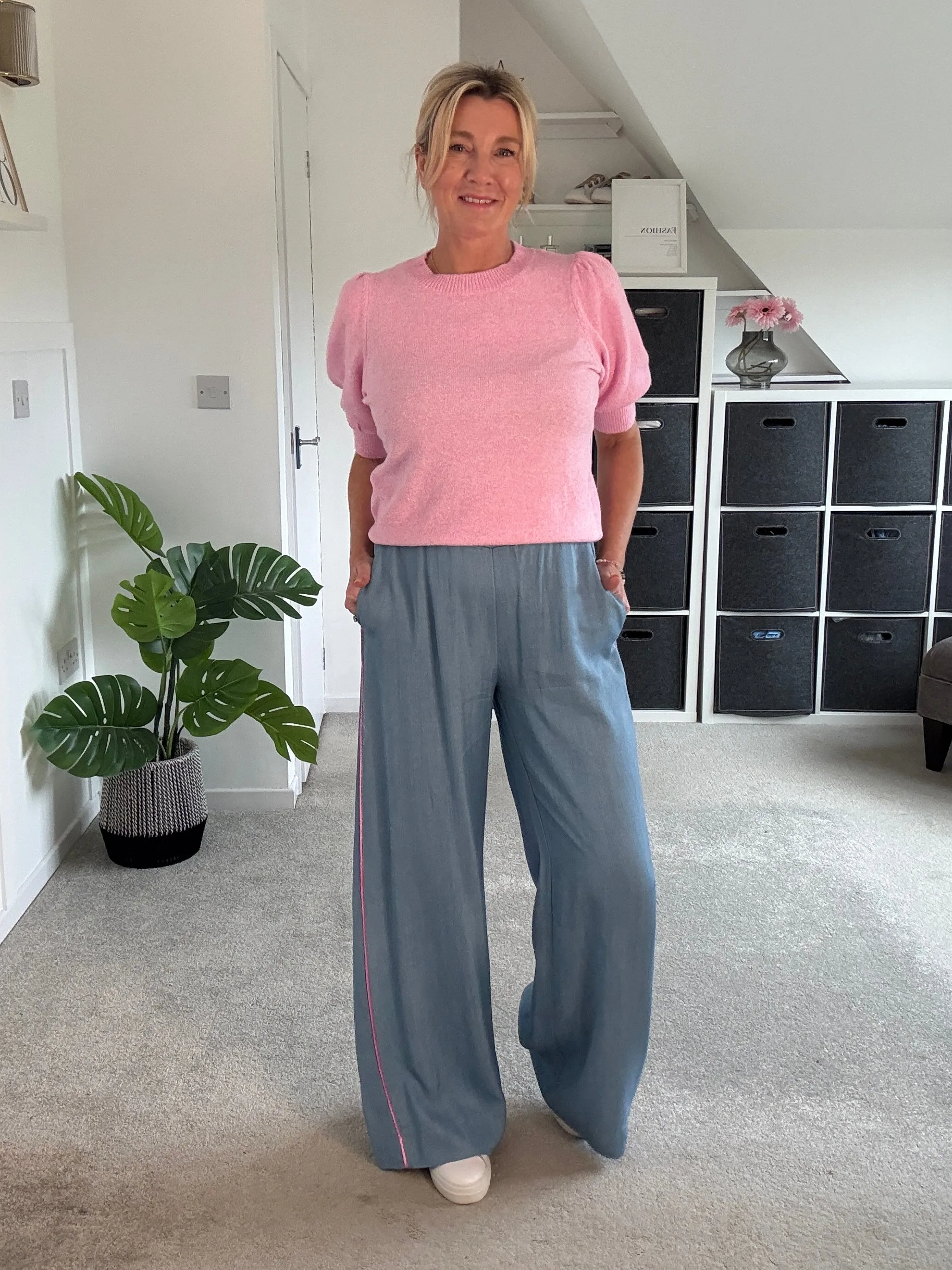Chambray/Pink Stripe Wide Leg Trousers