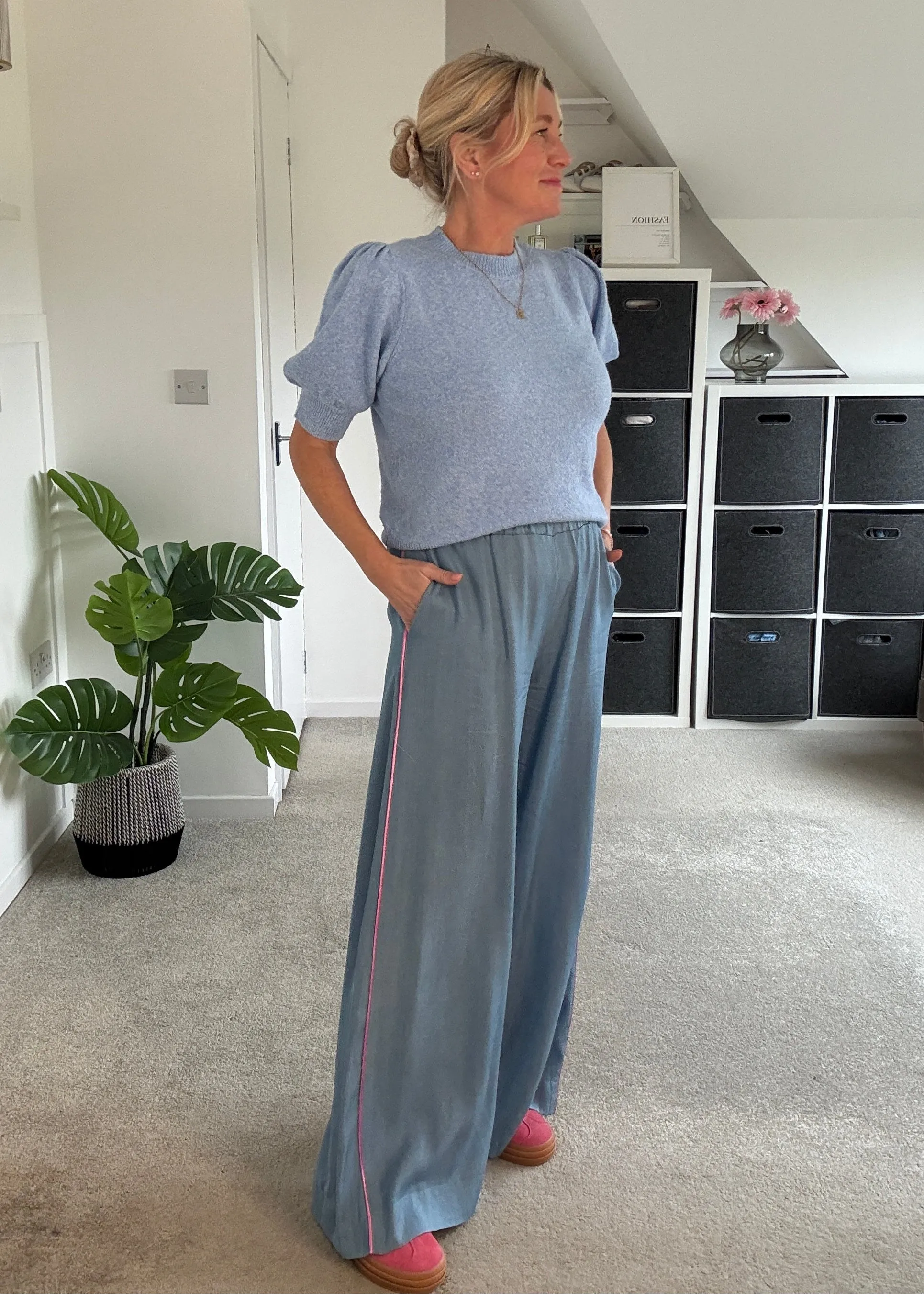 Chambray/Pink Stripe Wide Leg Trousers