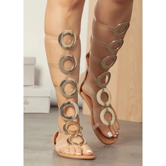 Clear Gladiator Sandals Tall Gold Circle Hardware