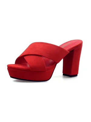 Crisscross Leather Platform Mule - Red