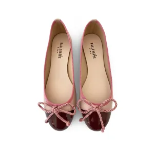 Dusty pink leather ballet flats with bordeaux toe and pink bow