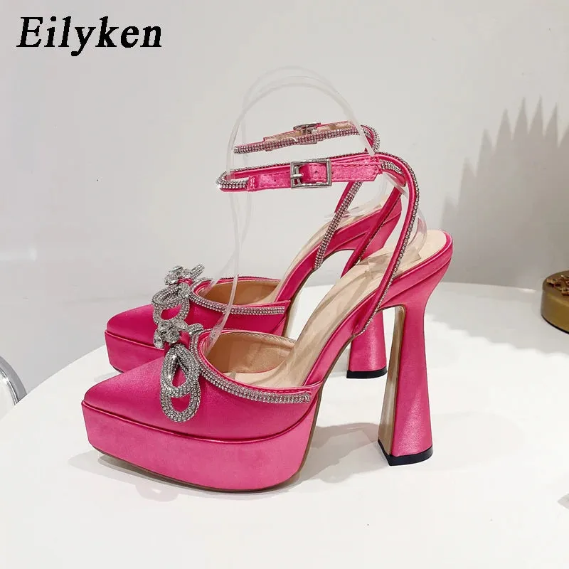 Eilyken Runway Style Brand High Heels Women Pumps Fashion Butterfly-knot Crystal Pointed Toe Platform Chunky Party Prom Shoes
