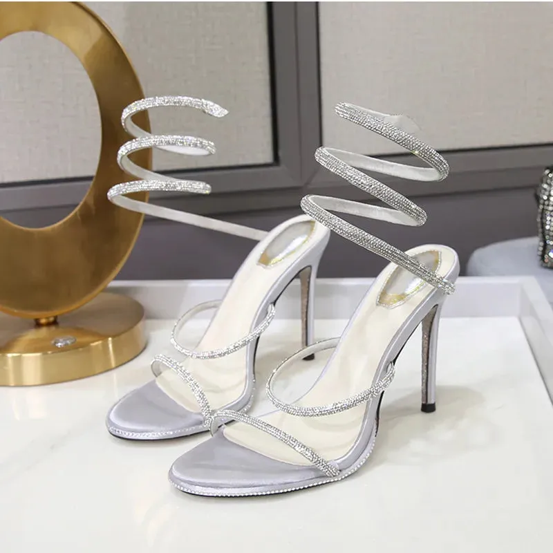 Fashion Summer Snake Twine Around Crystal Women Sandals Luxury Rhinestones Thin High heels Gladiator Sandals  Party Prom Shoes