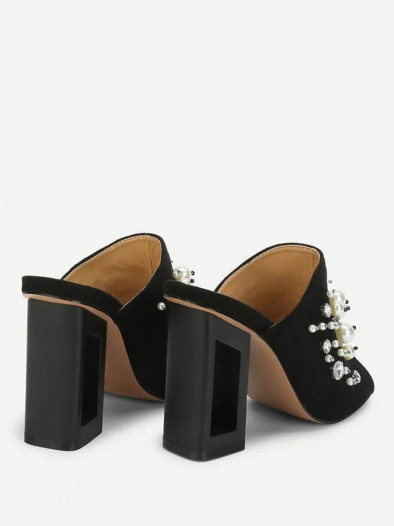 Faux Pearl Decorated Chunky Heeled Mules